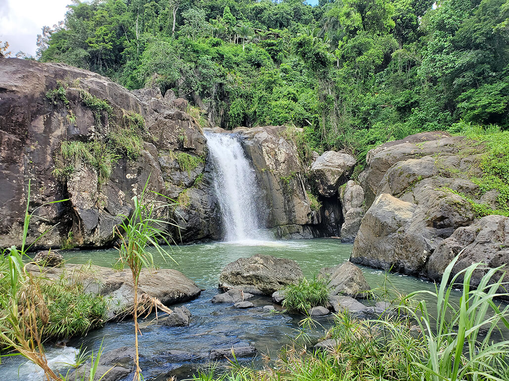 Puerto-Rico-El-Yunque-Rainforest-Hiking-to-Waterfall-and-Cliff-Jumping-Adventure-2 a large waterfall over a body of water