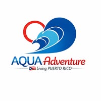 Logo of Aqua Adventure with wave and heart shapes, text includes 'Living Puerto Rico'.