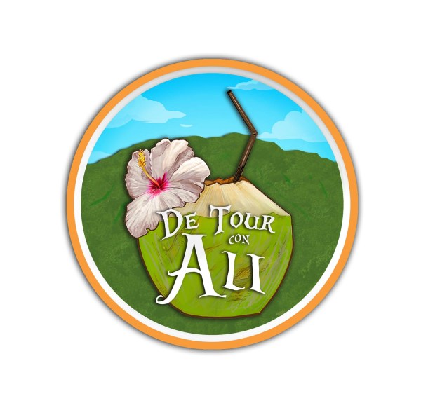 Logo with a coconut, hibiscus flower, straw, and 'De Tour con Ali' text.