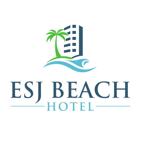 Logo with palm tree, hotel, and ocean wave above the text 'ESJ Beach Hotel'.