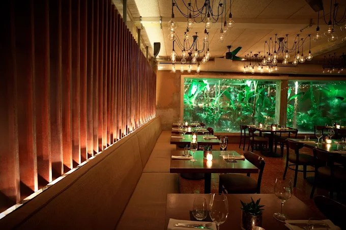 Dimly lit restaurant with tables set, candles, and a view of greenery through a large window.
