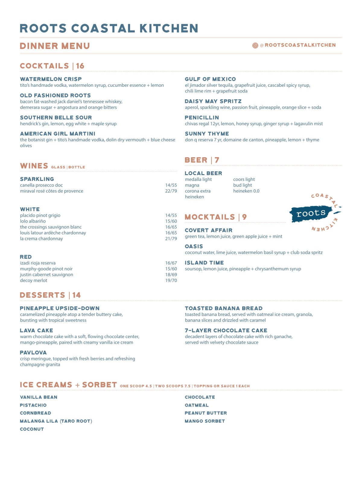 Roots Coastal Kitchen dinner menu with sections for cocktails, wines, beer, mocktails, desserts, and ice creams.
