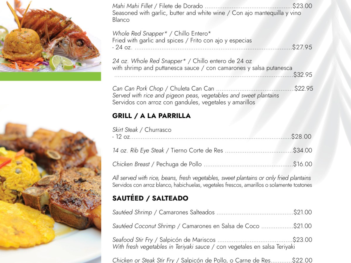 Menu with dishes like grilled salmon, lobster tail, grouper, skirt steak, sautéed shrimp, and mofongo on a palm design.