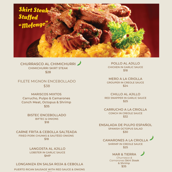 Menu titled 'Pide Tu Mofongo Favorito' with various mofongo dishes.