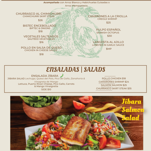 Menu featuring Stuffed Avocados, salads, and meat dishes with prices and a photo of a salad with salmon.
