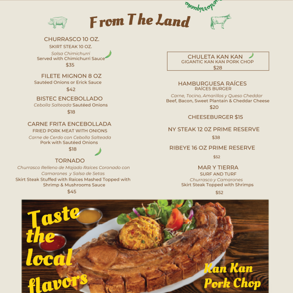 Menu with Puerto Rican flag, main dishes from pork chops to steaks, and a Kan Kan Pork Chop image.