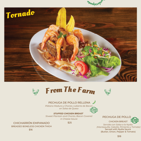 Menu with dish photo labeled 'Tornado' and chicken dishes listed with prices.