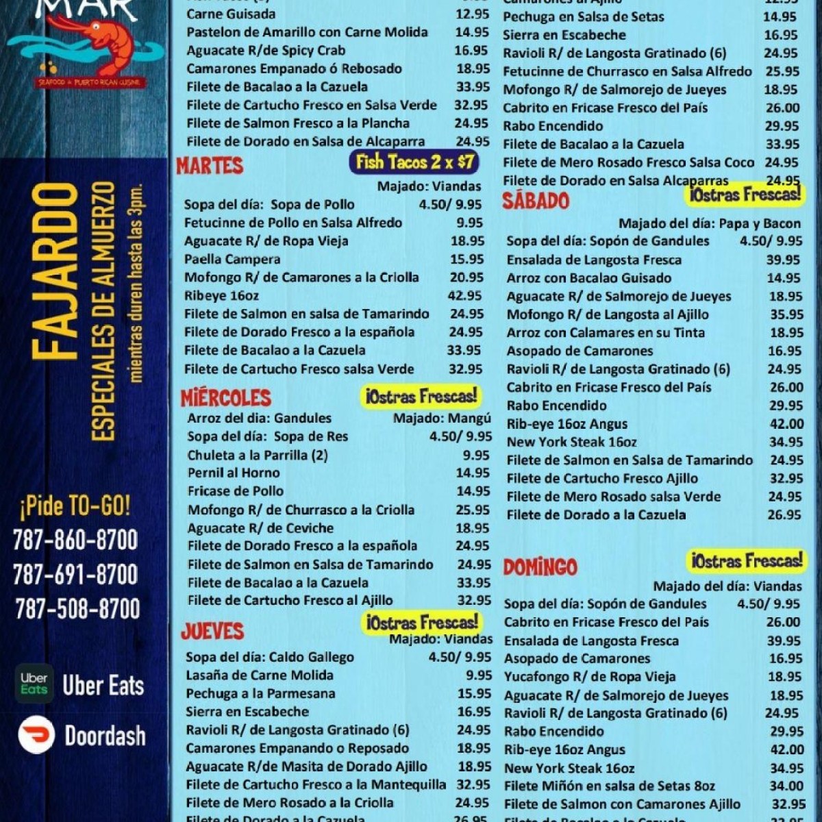 Colorful restaurant menu with daily specials, seafood, and contact details.