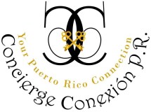 Logo with interlocking black C's, gold keys, and text: Concierge Conexión P.R., Your Puerto Rico Connection.