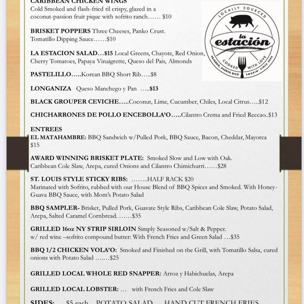 Menu featuring Caribbean BBQ dishes like chicken wings, brisket, ceviche, and sides. 18% gratuity note at bottom.